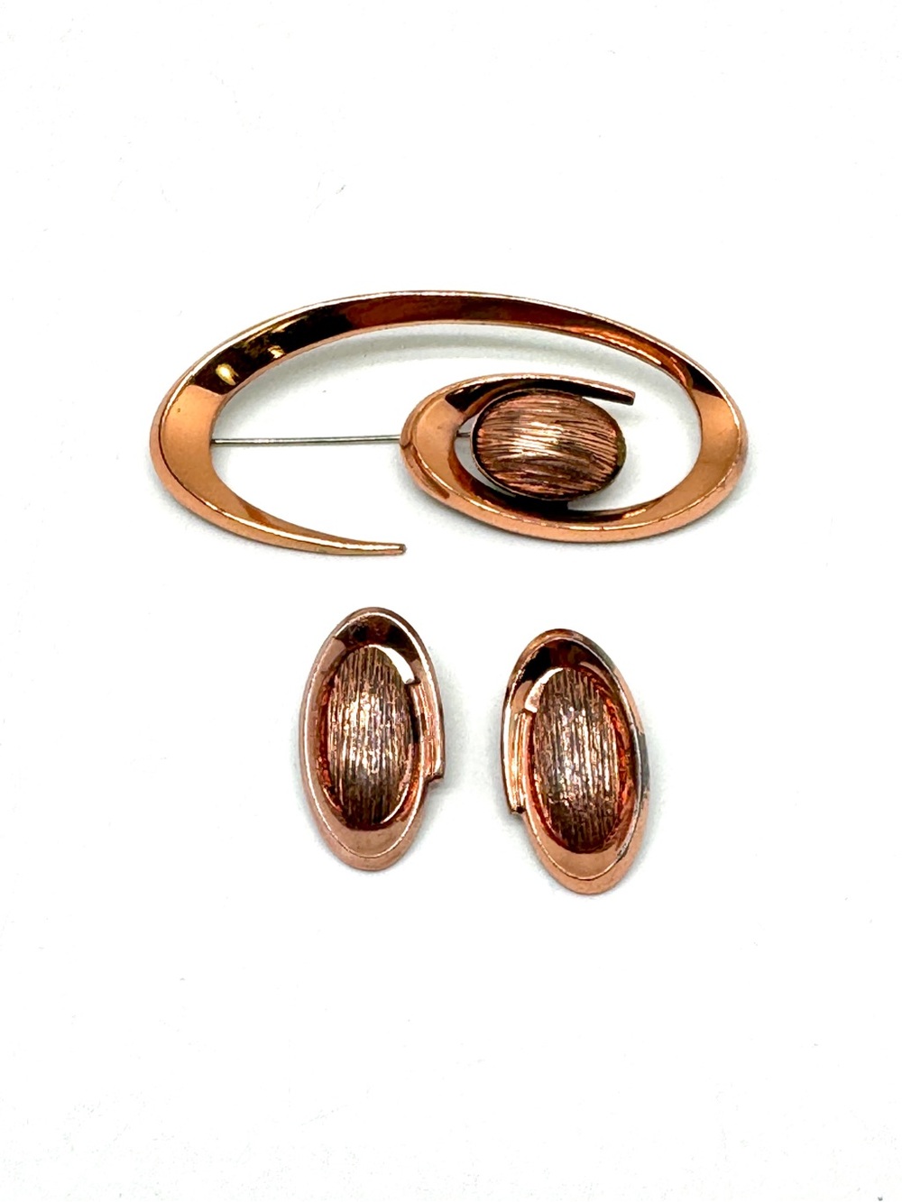 Renoir Vintage Oval Swirl Brooch and Matching Clip On Earring Set Demi Parure